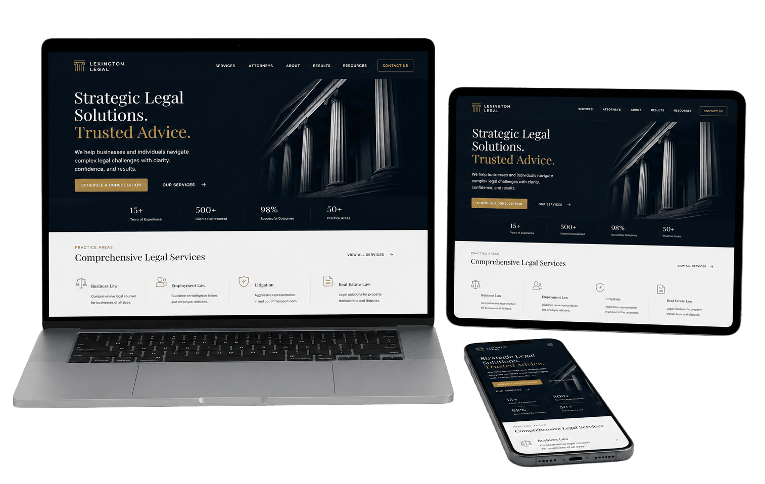 Law firm website design shown on laptop, tablet and phone