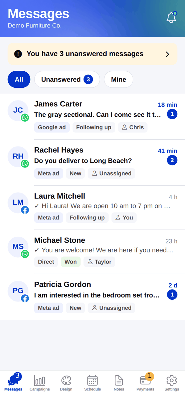 Indexia Digital app, Messages screen: WhatsApp and Messenger leads in one inbox