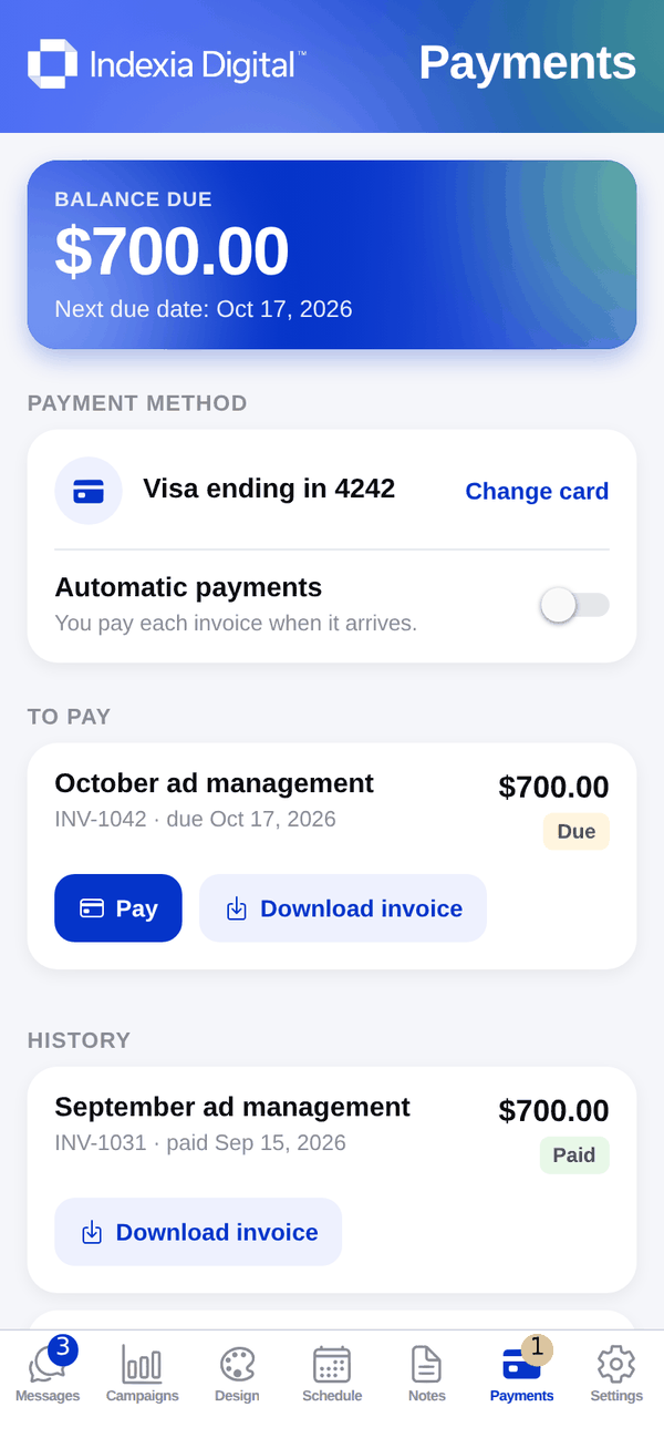 Indexia Digital app, Payments screen: invoices, saved card and automatic payments
